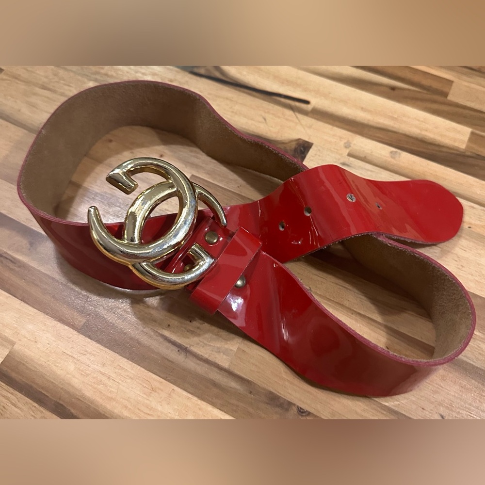 Vintage 1970s GUCCI RED PATENT Leather GG Buckle Wide Belt AS-IS 27-33” waist - Picture 2 of 14